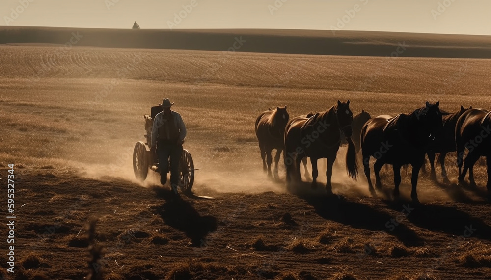 Silhouette of farmer racing horse at sunset generated by AI