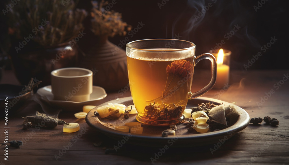 Hot drinks on rustic table, autumn celebration generated by AI Hot drinks on rustic table, autumn celebration generated by AI
