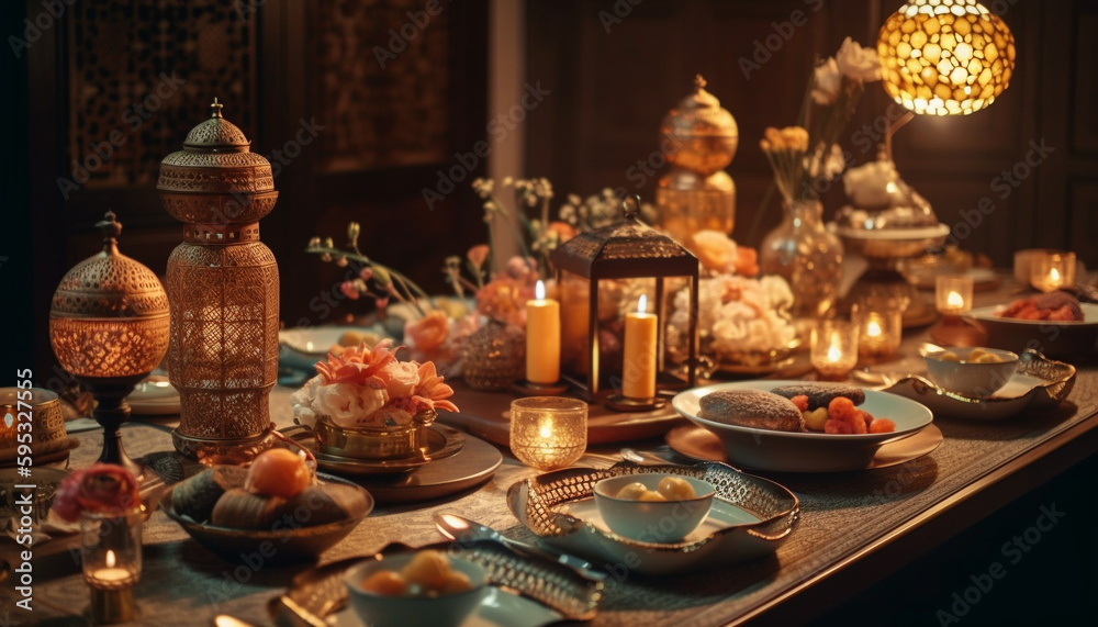 Candlelight illuminates table, ornate decor and dessert generated by AI