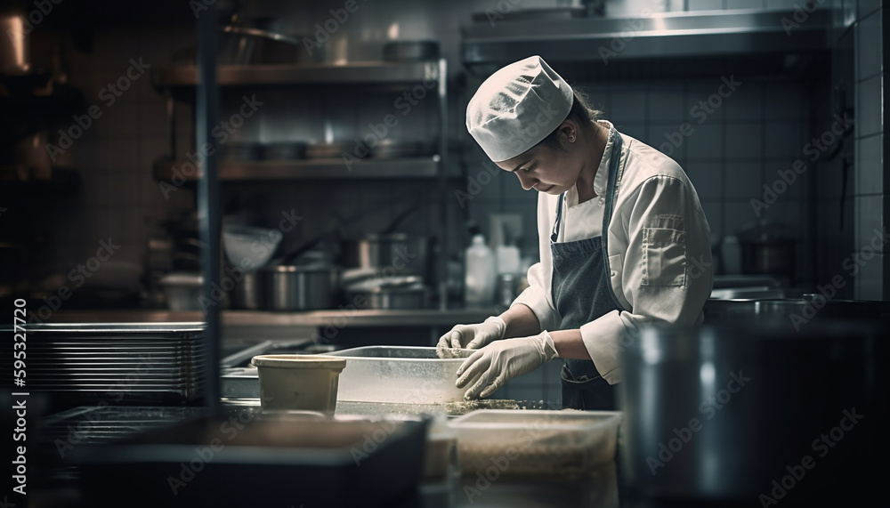 One man standing, preparing food in kitchen generated by AI One man standing, preparing food in kitchen generated by AI