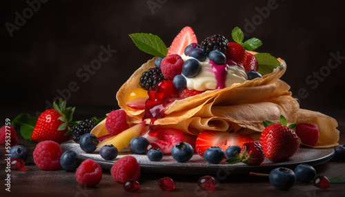 Healthy berry dessert with yogurt and mint generated by AI