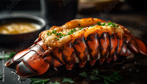 Grilled seafood and meat on rustic table generated by AI