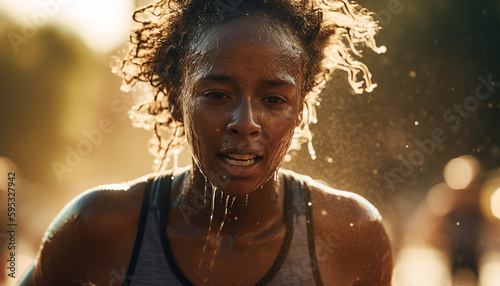 Young African American woman jogging in the water generated by AI