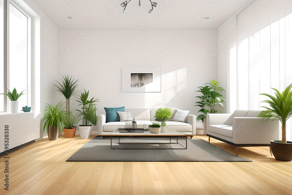 Fototapeta premium Domestic and cozy interior of living room with sofa, plants, coffee table, poster frame, side table, plant and elegant decoration wall. Home decor. Generative AI.