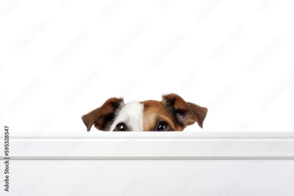 Dog peeking out from behind a white table with copy space, isolated on white background. AI generated