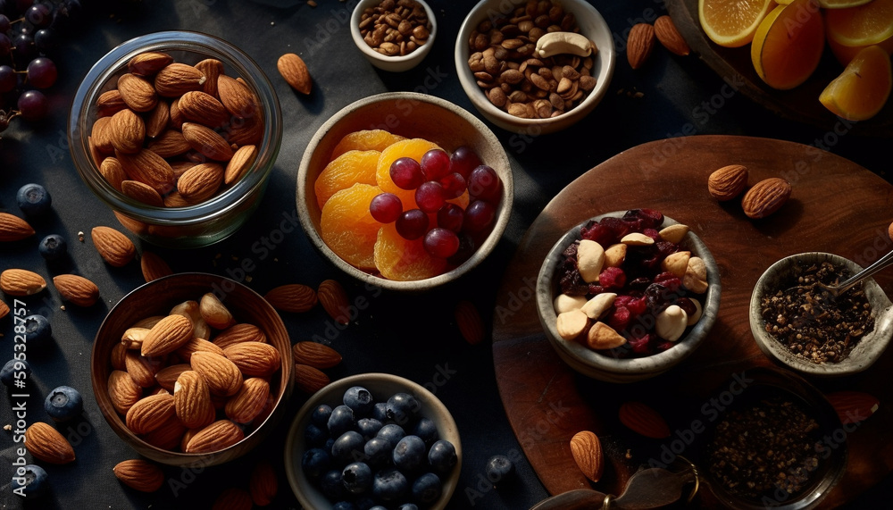 Healthy nut bowl with fresh organic fruit generated by AI Healthy nut bowl with fresh organic fruit generated by AI