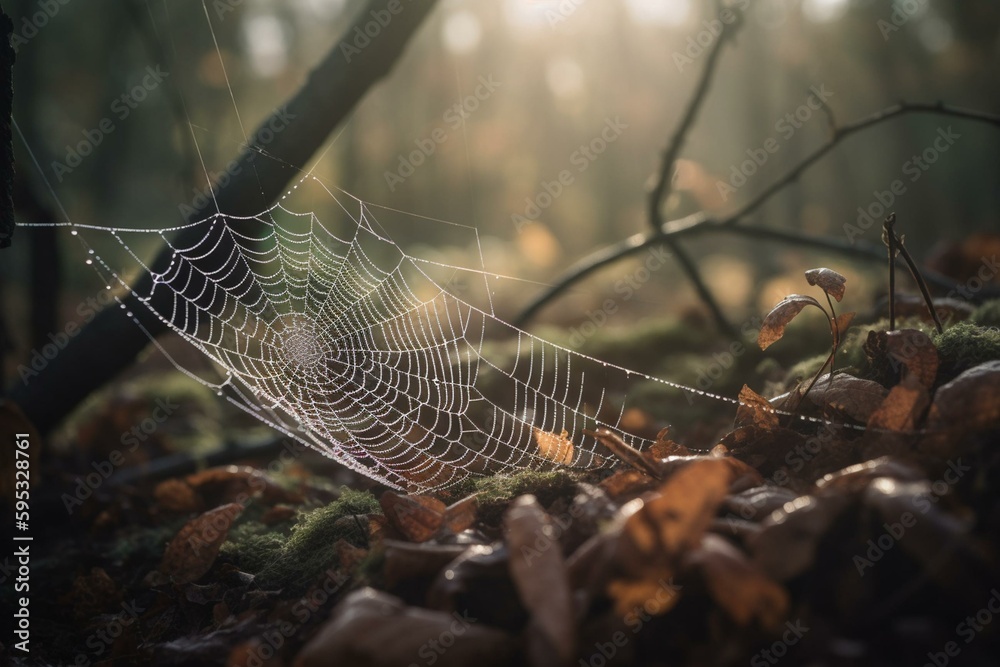 Selective focus on spider's web on twig in autumn woods. Generative AI