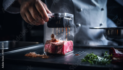 Expert chef grilling fresh meat for lunch generated by AI