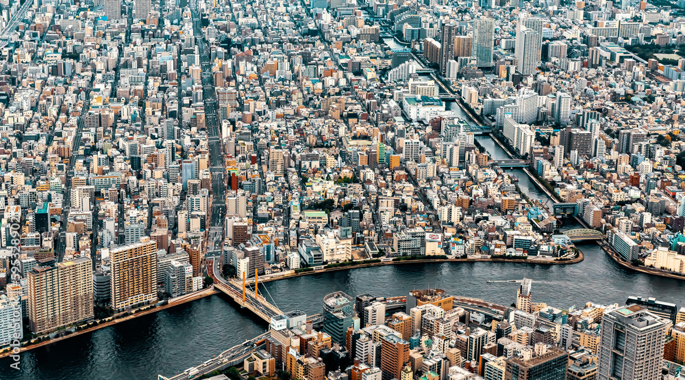 Aerial view of the Sumida River in Tokyo, Japan