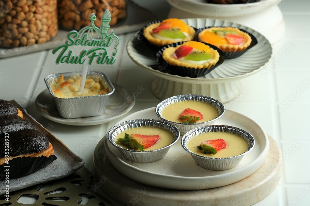 Various of snack for Eid Mubarak, Eid Al Fitr with white and green