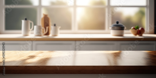 Empty wooden table with glass jar on the background of the window, Generative AI Illustration