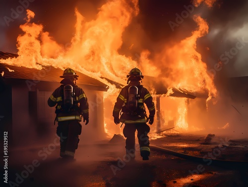 firefighter and a burning home