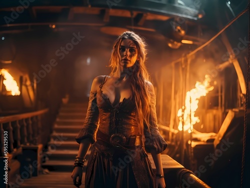 female pirate slave queen on burning ship