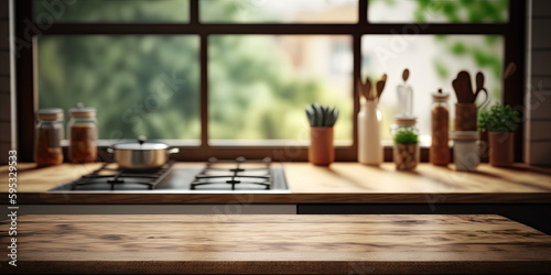 Empty wooden table with glass jar on the background of the window, Generative AI Illustration