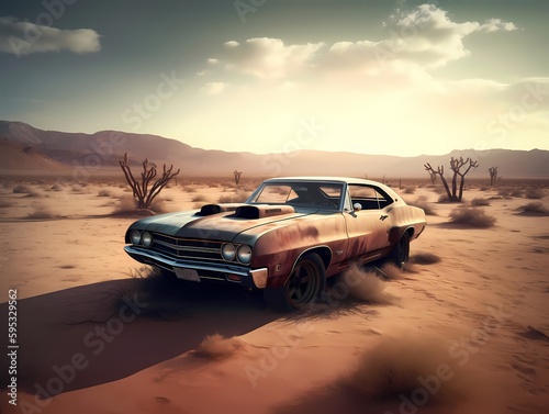 Old muscle Car in abandoned desert, lost