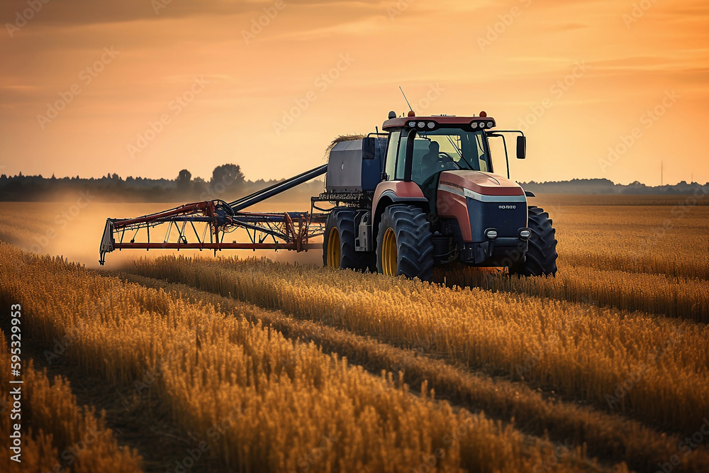 Fototapeta premium Tractor spraying pesticides on soybean field with sprayer at spring generated by AI.