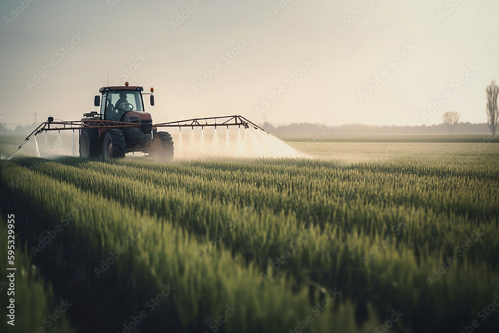 Fototapeta premium Tractor spraying pesticides on soybean field with sprayer at spring generated by AI.