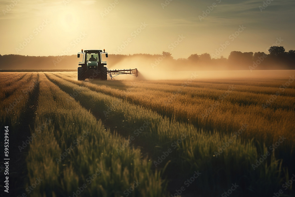 Fototapeta premium Tractor spraying pesticides on soybean field with sprayer at spring generated by AI.
