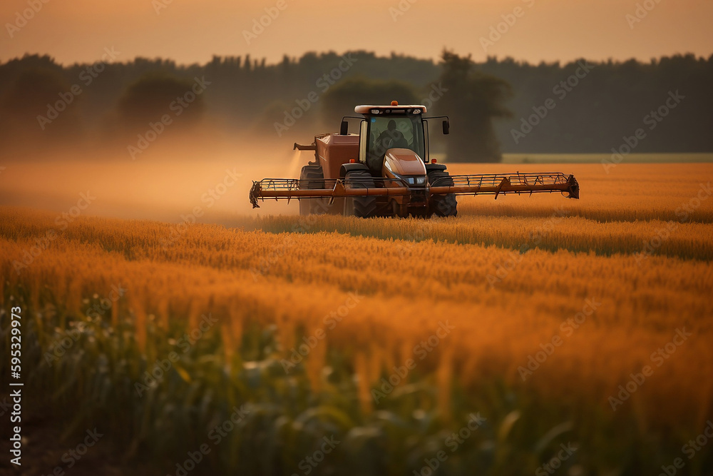 Fototapeta premium Tractor spraying pesticides on soybean field with sprayer at spring generated by AI.