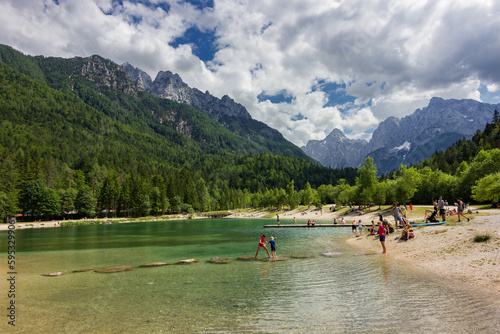 Beautiful views of mountains from Jasna lake in Slovenia