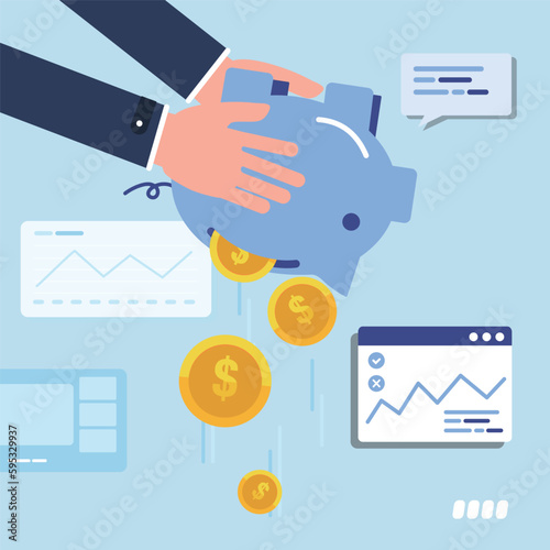 Business man Hands shaking piggy bank with Money Falling Down. Savings, Wealth vector illustration.