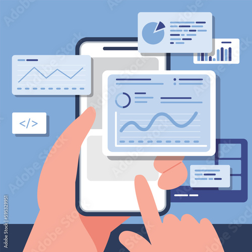 Hand holding mobile phone and using app,view data.Vector . illustration for websites and banner