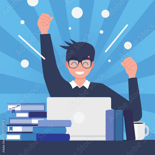 A cheerful people  with a laptop computer and celebrating success.