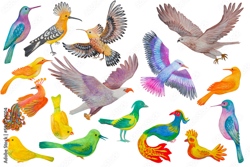 A set of birds painted in watercolor and isolated on a white background. A set of birds painted in watercolor and isolated on a white background.
