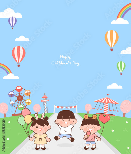 Children's Day concept vector illustration. Cute children are playing in the amusement park.