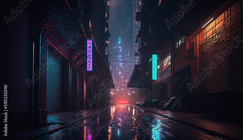 Futuristic Neon Alleyway in Rainy City