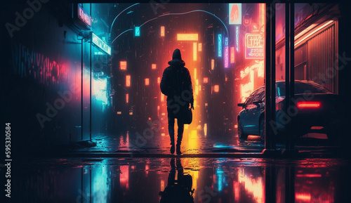Lone figure walking down a neon-lit futuristic street in the rain