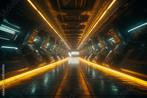 Futuristic underground spaceship tunnel with glowing neon yellow corridors, alien 3D rendering on cement floor forming a showroom. Generative AI