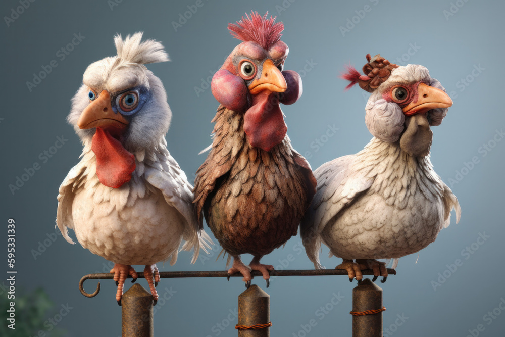 Fototapeta premium Drei verrückte Hühner sitzen auf einer Stange