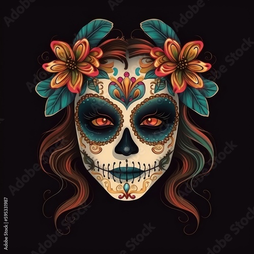 Illustration of a woman with day of the dead makeup on black background created using generative AI tools