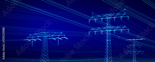 beautiful abstract technology graphic of power lines and hight voltage towers for energy transmission at dark blue night, technical architecture concept