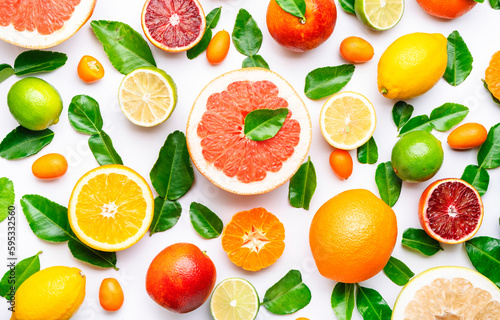 Fotografia Citrus fruit food background, top view