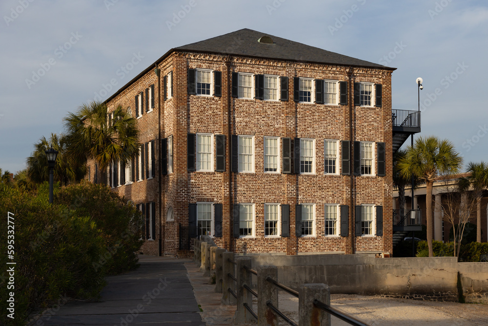 Selective focus view of historic three story-brick building in the old town, Charleston, South Carolina, USA