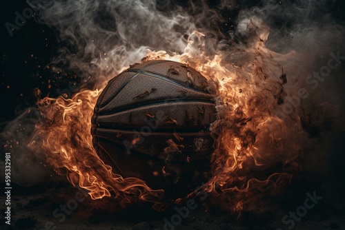 Basketball engulfed in flames, smoke, and sparks. Generative AI © Amaya