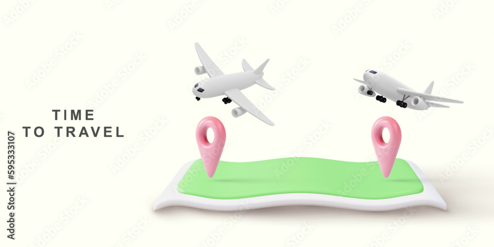 3d realistic illustration of flights concept, airplane flying over map pin. Vector illustration.