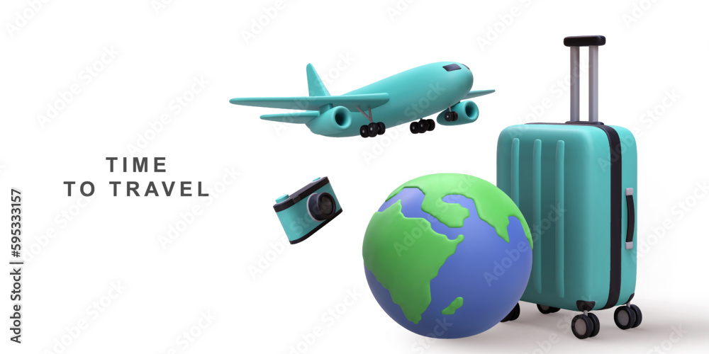 3D realistic globe map and suitcase with boarding plane travel tourism plane trip planning world tour. Vector illustration.