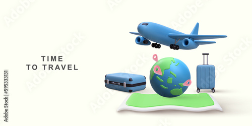 3D realistic globe pin map and suitcase with flight plane travel. Vector illustration.