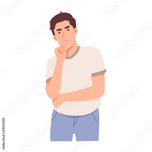 Curious man thinking, touching his chin to find a way out. People who worry, ponder and wonder. confused people think. creative idea. Flat vector illustration isolated on white background