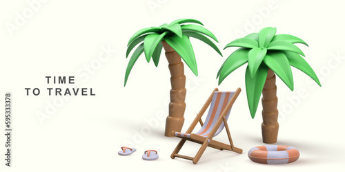 3d summer vacation concept with beach chair, palm trees, lifebuoy and beach sneakers. Vector illustration .