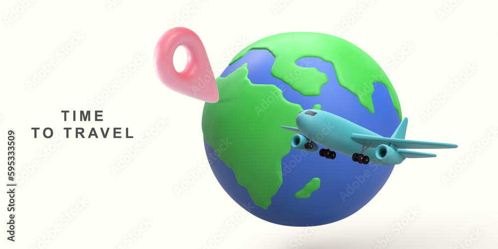 Fototapeta premium 3d realistic tourism and travel concept,eath and location pin with airplane flying. Vector illustration.