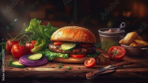 Cooked delicious realistic burger on a skewer and grilled baked vegetables in close - up on an oak board in the form. Realistic background with beautiful realistic lighting - Generative AI