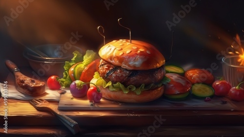 Cooked delicious realistic burger on a skewer and grilled baked vegetables in close - up on an oak board in the form. Realistic background with beautiful realistic lighting - Generative AI