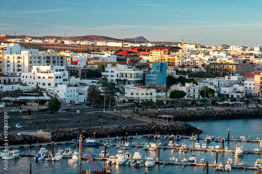 Top view of port of Puerto Del Rosario city on the Fuerteventura Canary Island at sunshine. Spain