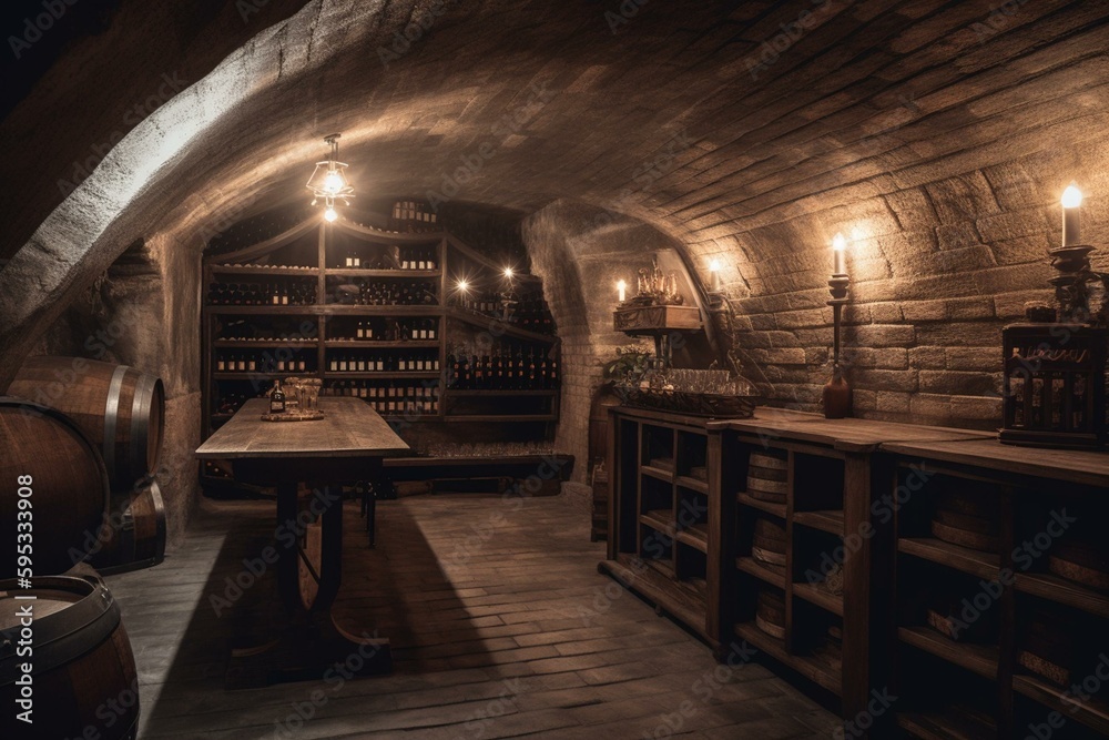 Rustic wine cellar in house basement. Generative AI