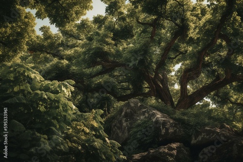 A postcard background featuring lush foliage of a tree. Generative AI © Ella