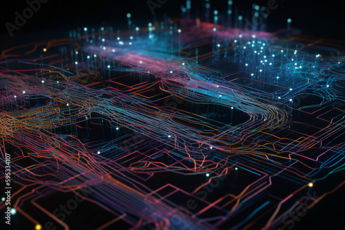 Advanced AI network for powerful artificial intelligence technology: interconnected nodes and pathways, a neural network, and neon colors for efficient machine learning